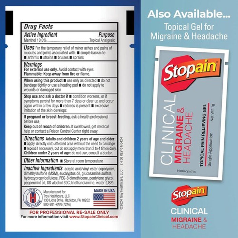 Stopain Pain Relief Clinical Gel Packets, 50 Pack, USA Made, Max Strength Fast A