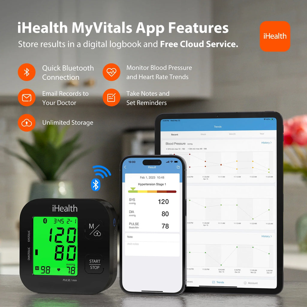 Track plus Bluetooth Upper Arm Blood Pressure Monitor with Wide Range Blood Pressure Cuff, Automatic Blood Pressure Machine