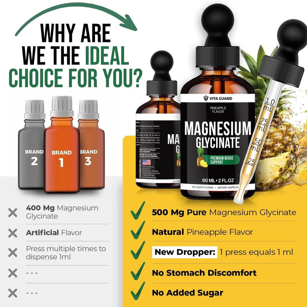 Magnesium Glycinate 500Mg Liquid Drops – High Absorption Liquid Magnesium Supplement for Sleep, Calm & Muscle Recovery – Sugar-Free, Vegan, Pineapple Flavor, 60 Ml