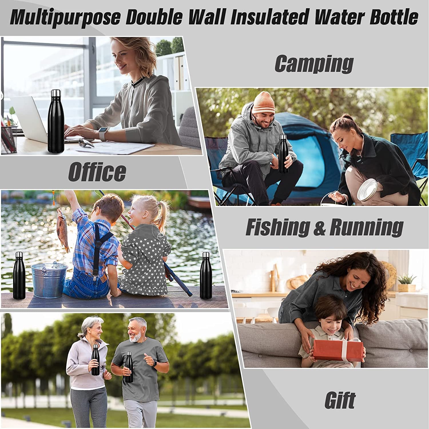 Insulated Water Bottle, 17 Oz Stainless Steel Water Bottles, Double Wall Vacuum Reusable Water Bottles Leak Proof BPA-FREE Sports Bottle Cup Keep Hot&Cold for Running Gym Workout Cycling Kids