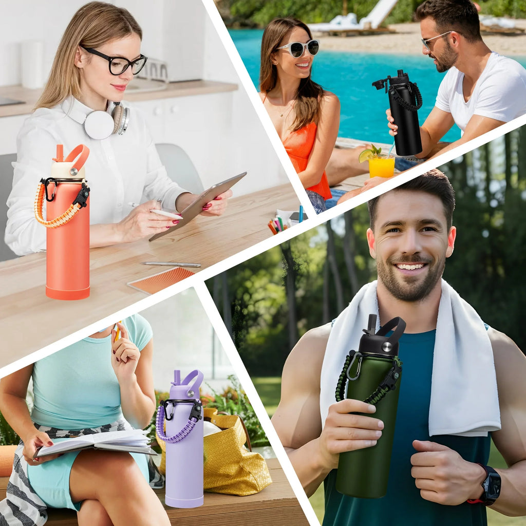 Stainless Steel Water Bottles 40 OZ - Keep Cold-48H Hot-24H, Metal Flask Reusable Water Bottles with Straw, Paracord Handle, Carrier Bag for Hiking Running