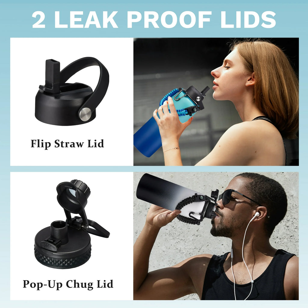 Stainless Steel Water Bottles 40 OZ - Keep Cold-48H Hot-24H, Metal Flask Reusable Water Bottles with Straw, Paracord Handle, Carrier Bag for Hiking Running