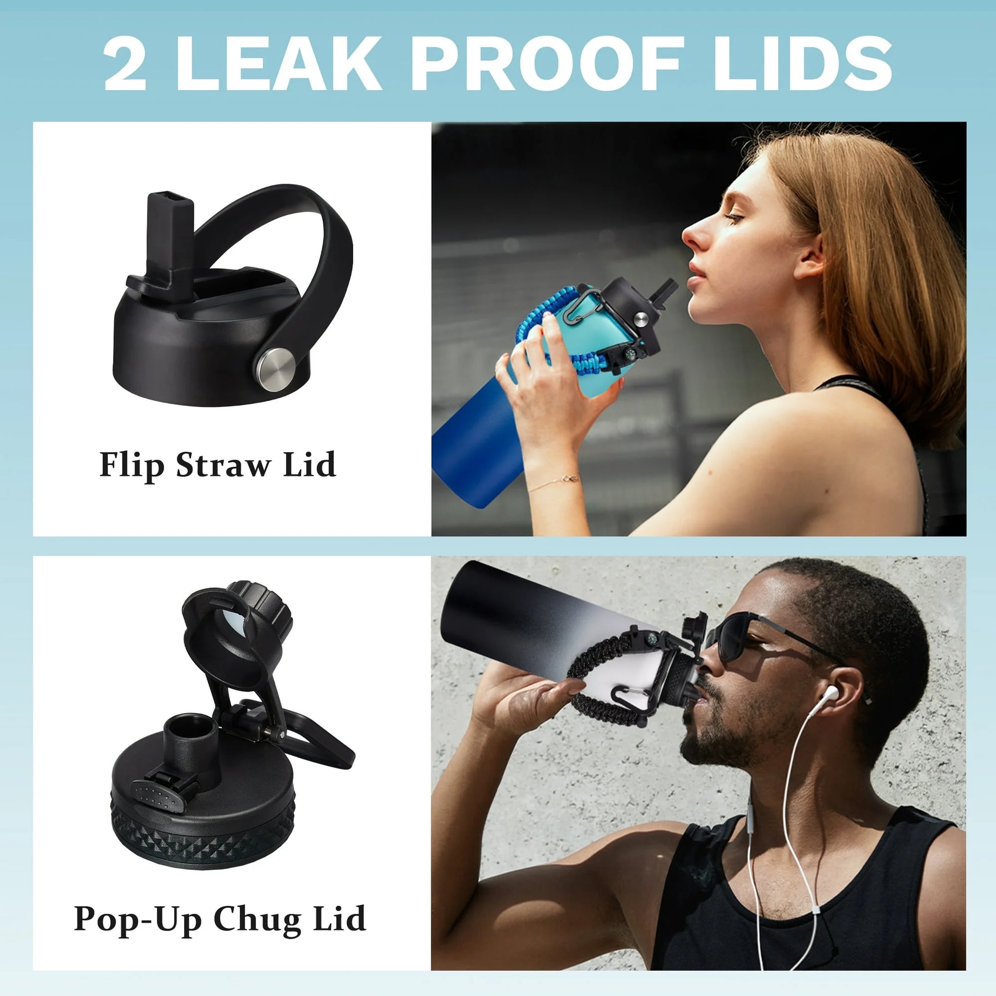 Stainless Steel Water Bottles 40 OZ - Keep Cold-48H Hot-24H, Metal Flask Reusable Water Bottles with Straw, Paracord Handle, Carrier Bag for Hiking Running