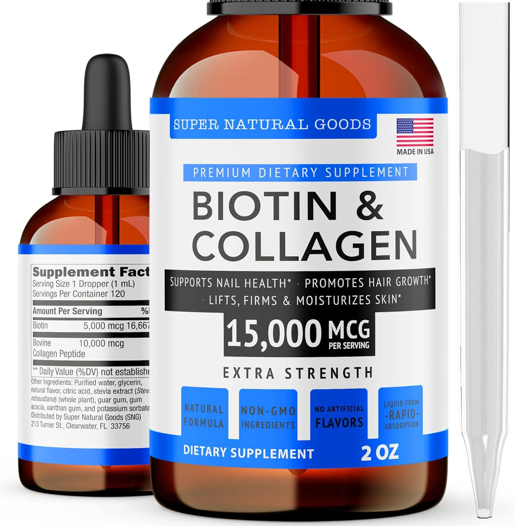 Liquid Biotin & Collagen Hair Growth Drops 15,000Mcg - Supports Hair Growth, Radiant Skin, Strong Nails - Healthy Skin, Nail & Hair Supplement - High Potency Supplements - Vitamins for Women & Men