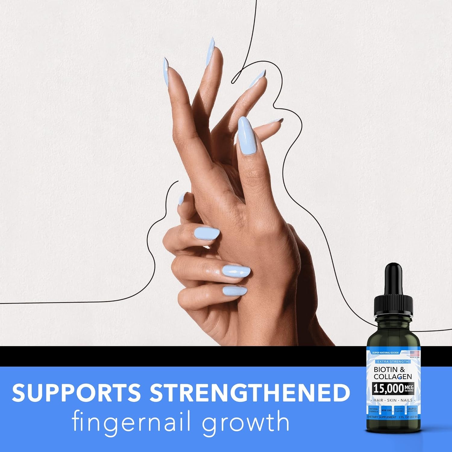 Liquid Biotin & Collagen Hair Growth Drops 15,000Mcg - Supports Hair Growth, Radiant Skin, Strong Nails - Healthy Skin, Nail & Hair Supplement - High Potency Supplements - Vitamins for Women & Men