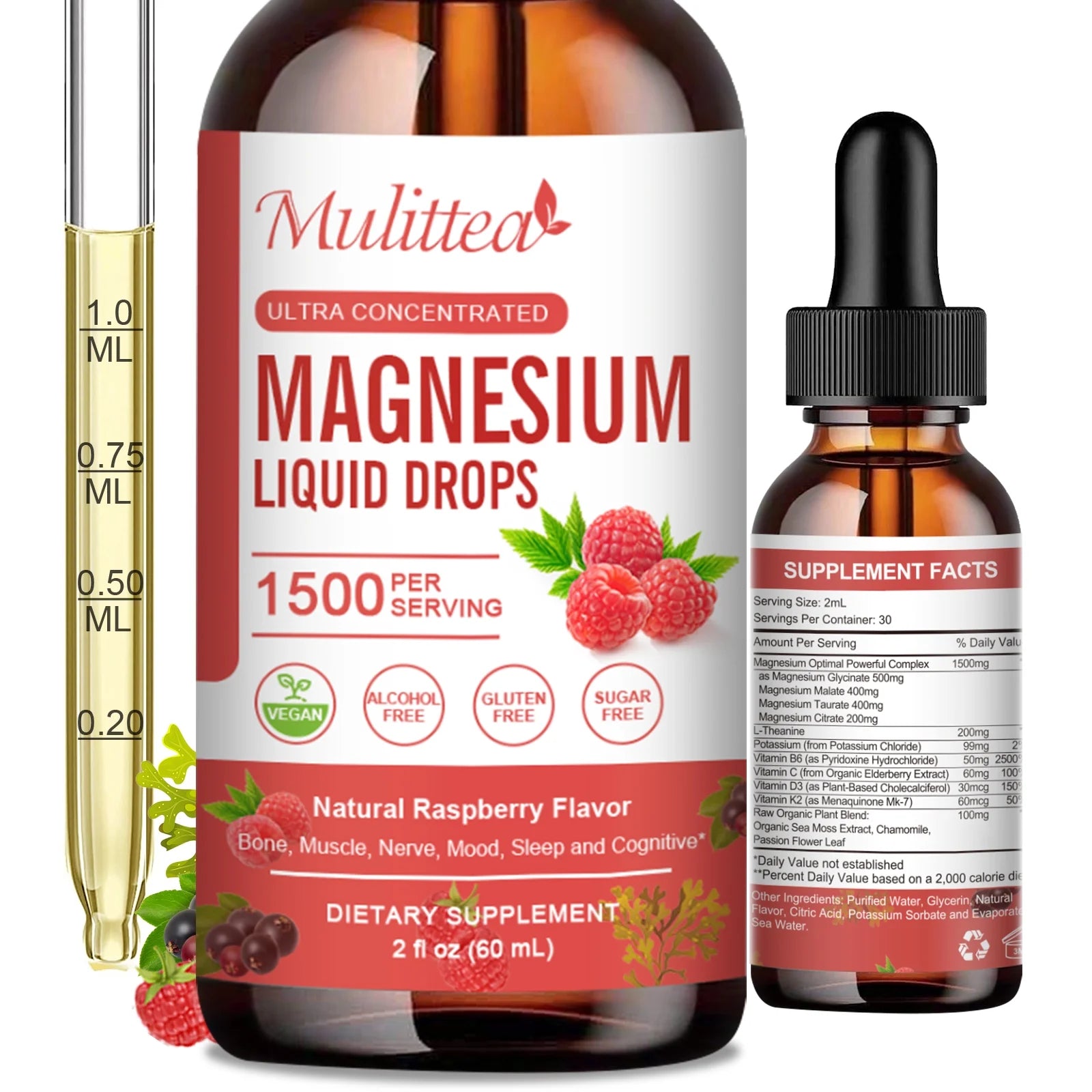 4 Fl Oz Magnesium Liquid Drop - Complex Magnesium with Citrate, Malate and Taurate - Sugar-Free Vegetarian- Raspberry Flavor