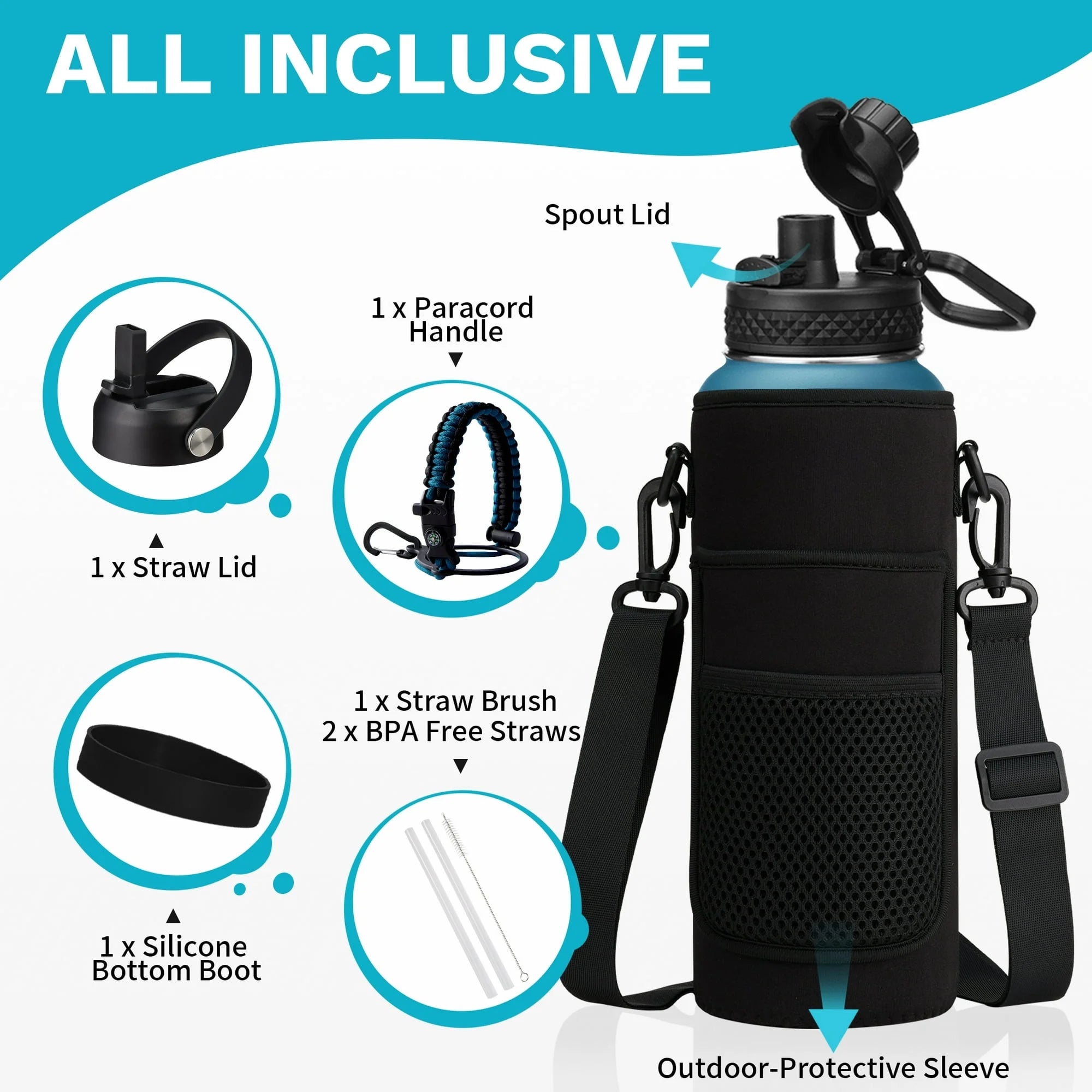 Stainless Steel Water Bottles 40 OZ - Keep Cold-48H Hot-24H, Metal Flask Reusable Water Bottles with Straw, Paracord Handle, Carrier Bag for Hiking Running