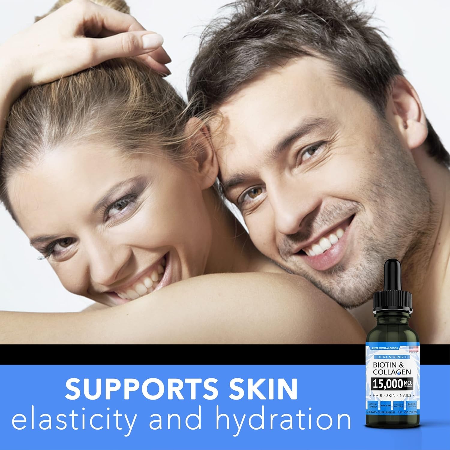 Liquid Biotin & Collagen Hair Growth Drops 15,000Mcg - Supports Hair Growth, Radiant Skin, Strong Nails - Healthy Skin, Nail & Hair Supplement - High Potency Supplements - Vitamins for Women & Men