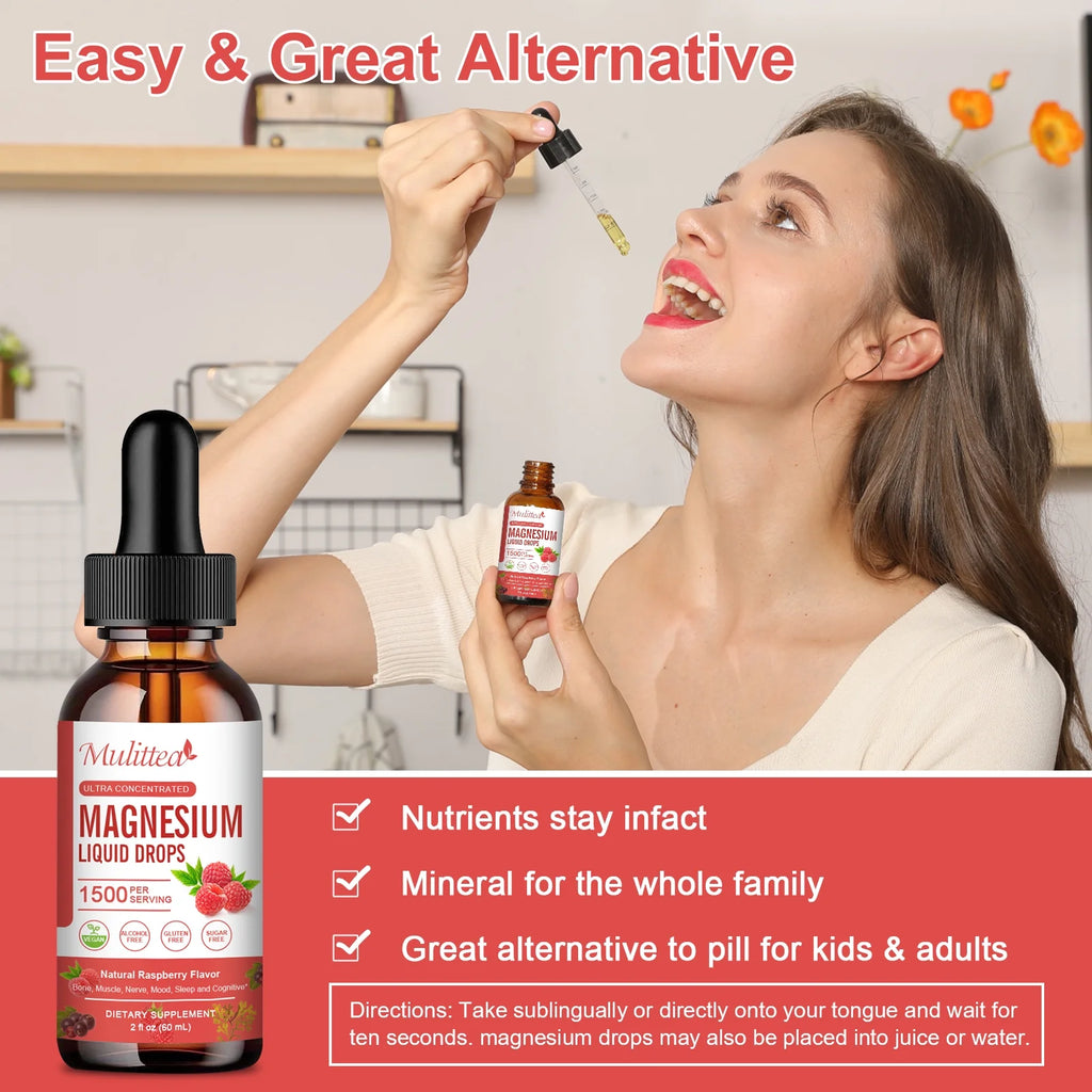 4 Fl Oz Magnesium Liquid Drop - Complex Magnesium with Citrate, Malate and Taurate - Sugar-Free Vegetarian- Raspberry Flavor