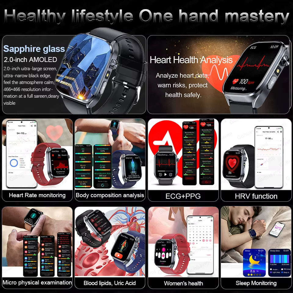2025 New Accurate ECG Smart Watch Heart Health Analysis Blood Analysis Blood Lipid Blood Pressure BT Call Smart Watches for Men