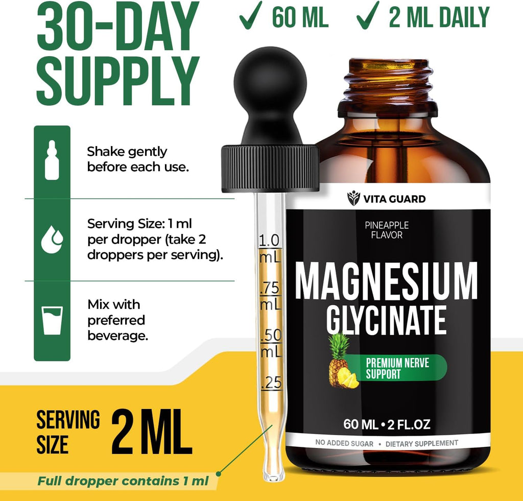 Magnesium Glycinate 500Mg Liquid Drops – High Absorption Liquid Magnesium Supplement for Sleep, Calm & Muscle Recovery – Sugar-Free, Vegan, Pineapple Flavor, 60 Ml