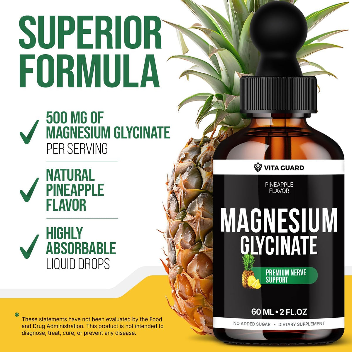 Magnesium Glycinate 500Mg Liquid Drops – High Absorption Liquid Magnesium Supplement for Sleep, Calm & Muscle Recovery – Sugar-Free, Vegan, Pineapple Flavor, 60 Ml