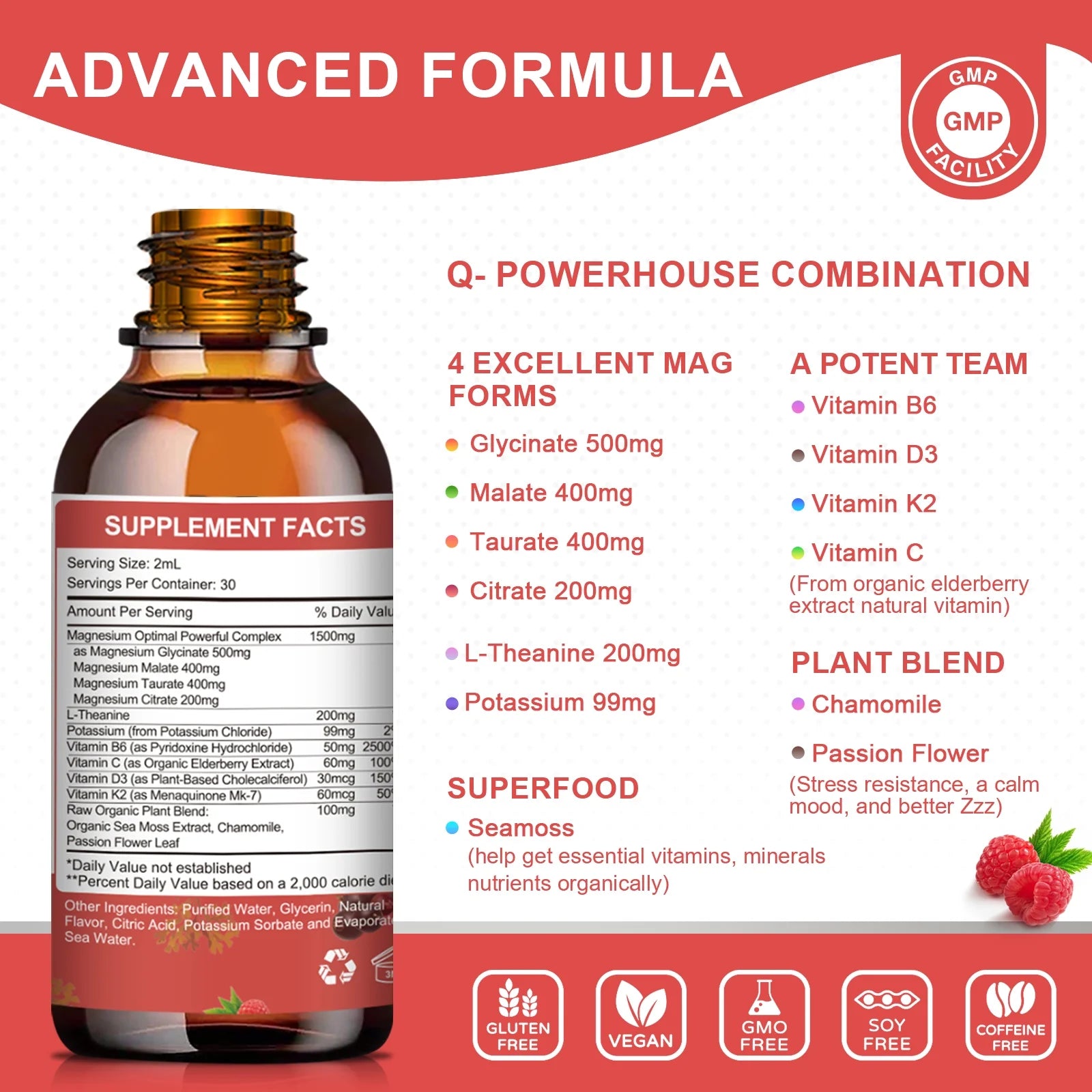4 Fl Oz Magnesium Liquid Drop - Complex Magnesium with Citrate, Malate and Taurate - Sugar-Free Vegetarian- Raspberry Flavor