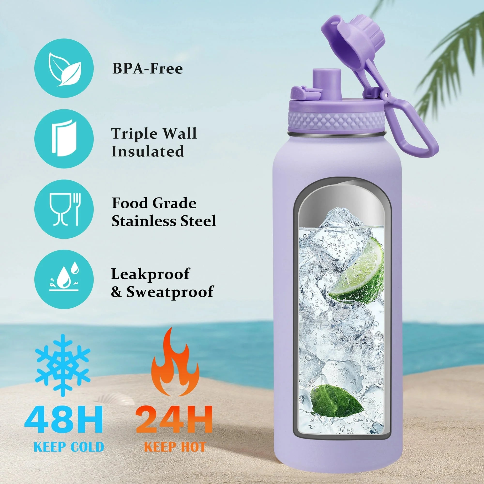 Stainless Steel Water Bottles 40 OZ - Keep Cold-48H Hot-24H, Metal Flask Reusable Water Bottles with Straw, Paracord Handle, Carrier Bag for Hiking Running