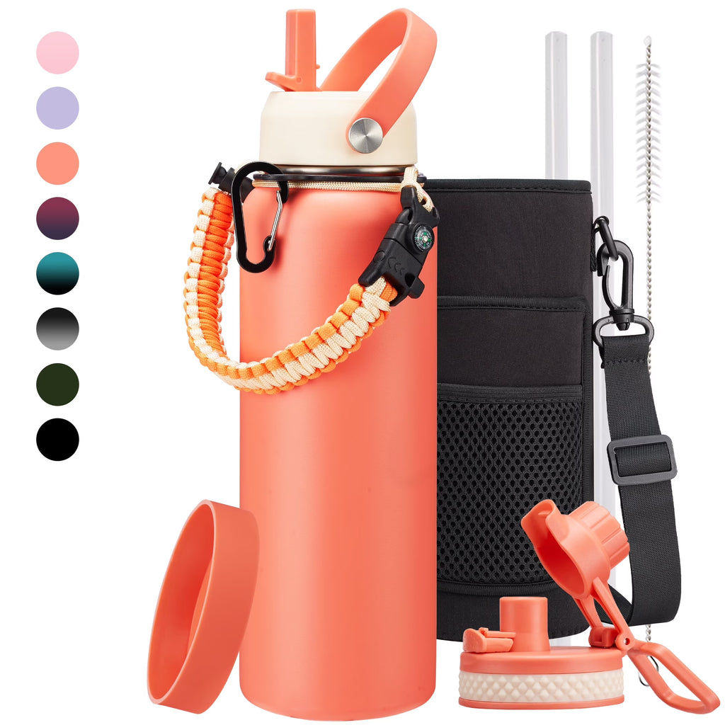 Stainless Steel Water Bottles 40 OZ - Keep Cold-48H Hot-24H, Metal Flask Reusable Water Bottles with Straw, Paracord Handle, Carrier Bag for Hiking Running