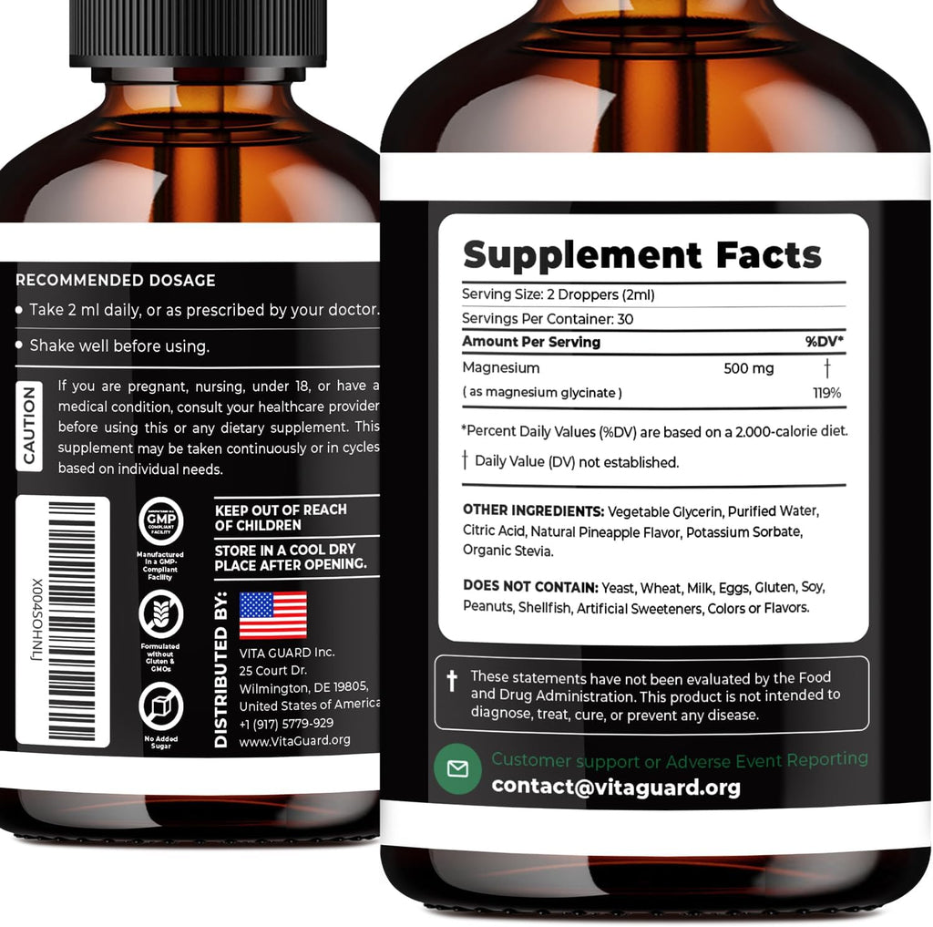 Magnesium Glycinate 500Mg Liquid Drops – High Absorption Liquid Magnesium Supplement for Sleep, Calm & Muscle Recovery – Sugar-Free, Vegan, Pineapple Flavor, 60 Ml