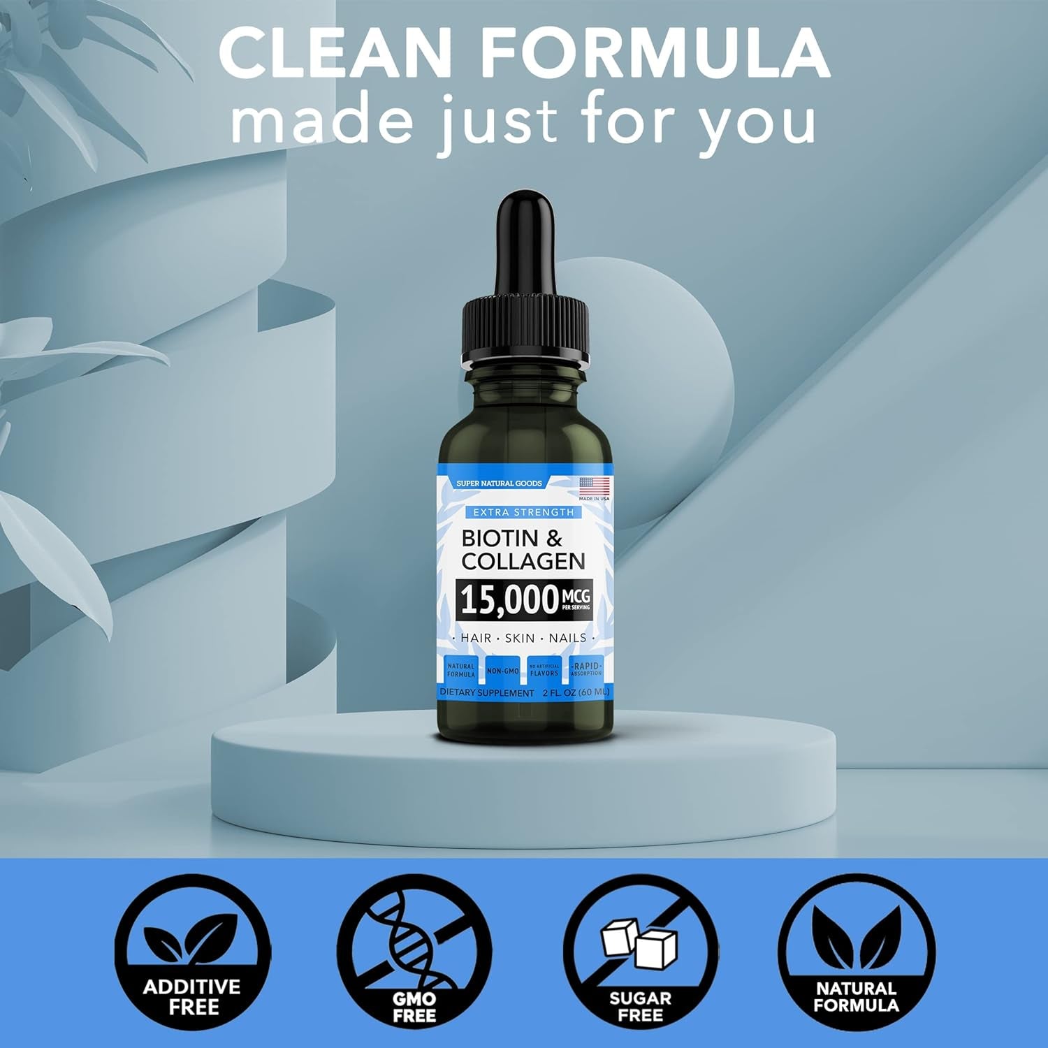 Liquid Biotin & Collagen Hair Growth Drops 15,000Mcg - Supports Hair Growth, Radiant Skin, Strong Nails - Healthy Skin, Nail & Hair Supplement - High Potency Supplements - Vitamins for Women & Men